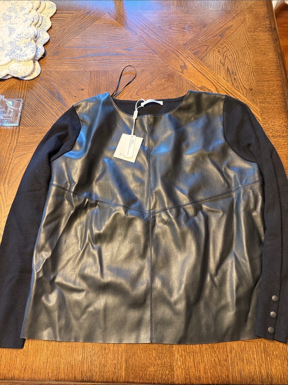 Sioni Black Faux Leather Front Scoop Neck Sweater